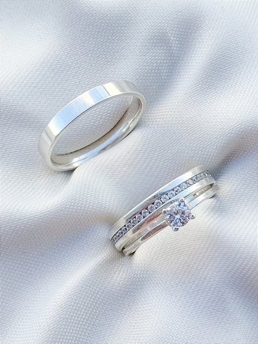 Par de Aliança Jess com pedra + solitário encanto - Prata 950