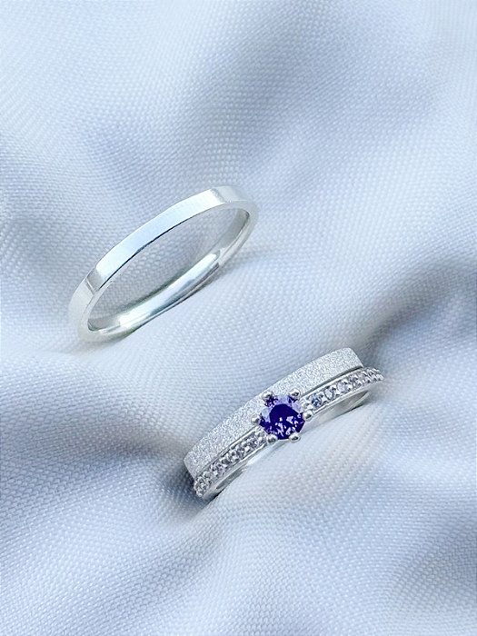 Par de Aliança Snow 2mm reto + Solitário romantic roxo - Prata 950