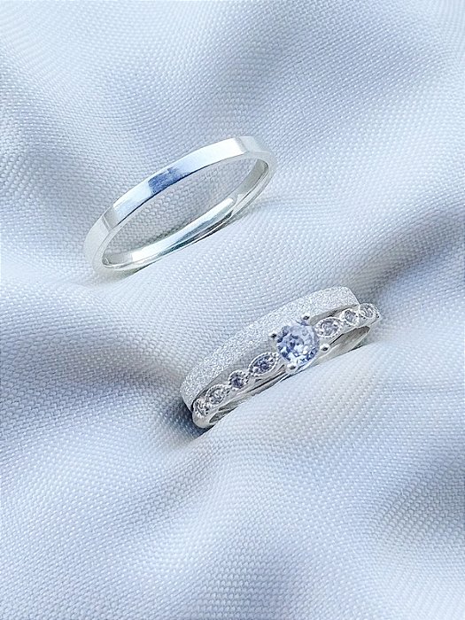 Par de Aliança snow 2mm preta + Solitário Star - Prata 950