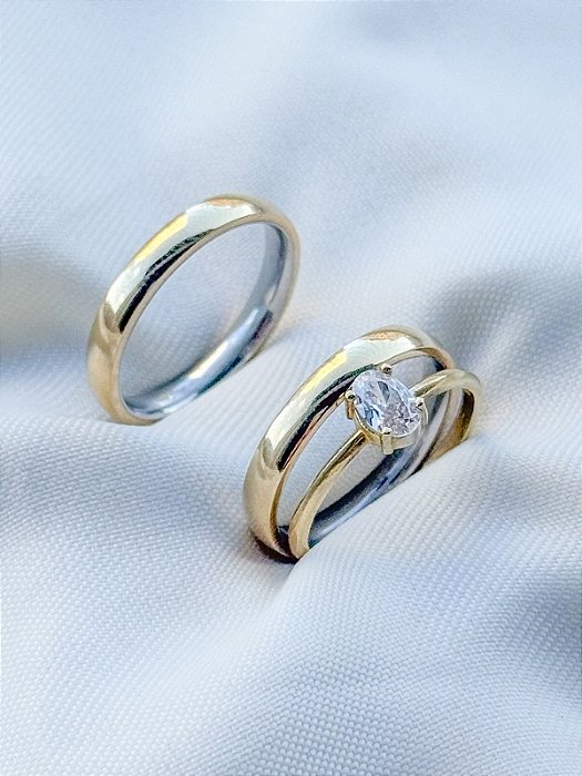 Par de Aliança Julieta 3mm + Solitário oval - Moeda Antiga