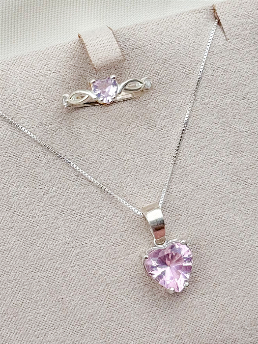 Conjunto Colar + Solitário Love Rosa - Prata 950/925