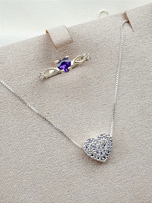 Conjunto Colar cravejado + anel Solitário Love roxo - Prata 950/925