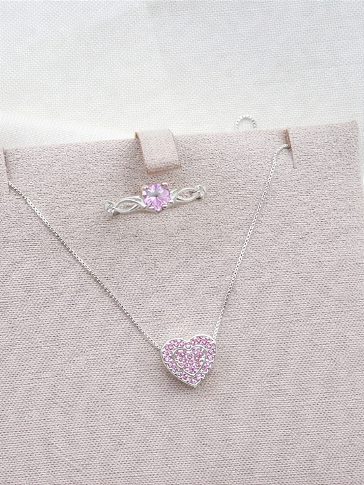 Conjunto Colar cravejado + anel Solitário Love rosa - Prata 950/925