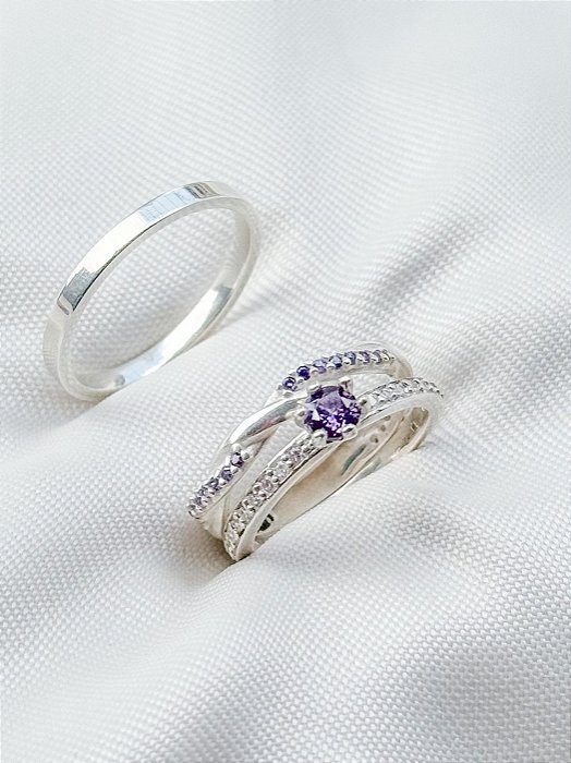 Par de Aliança Mônaco com pedra roxa + Solitário Romantic roxo - Prata 950