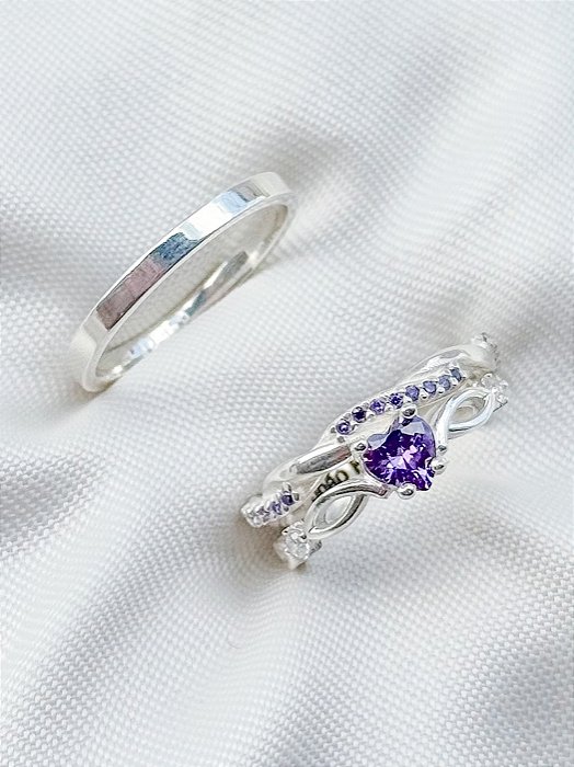 Par de Aliança Mônaco com pedra roxa e Holanda + Solitário Romantic roxo - Prata 950