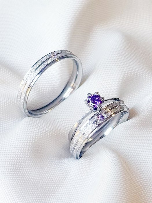 Par de Aliança Diamantada com pedra + Solitário roxo - Aço Inox