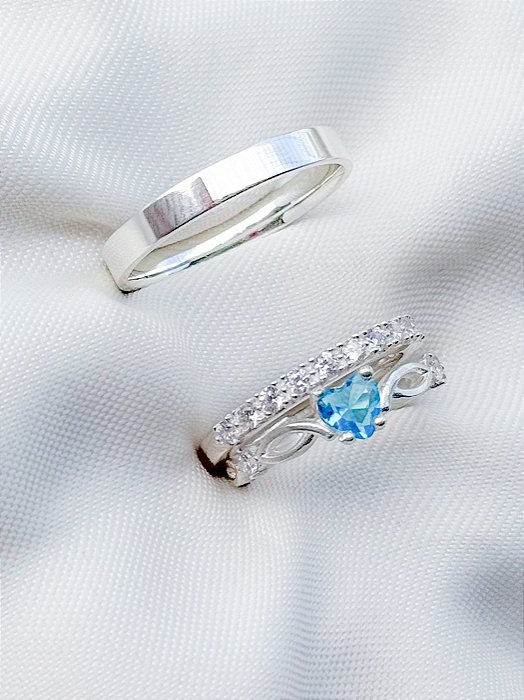 Par de aliança Nobre holanda com pedra + Solitário Love Azul - Prata 950