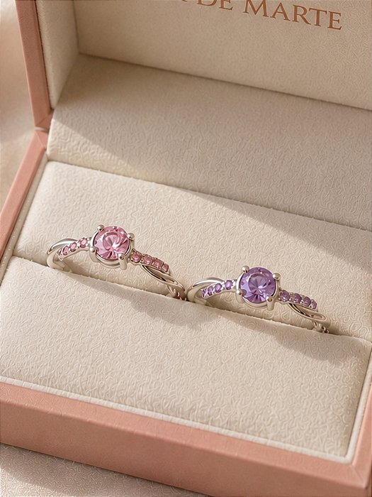 Par de Aliança Solitários Enrolados rosa e roxo - Prata 950