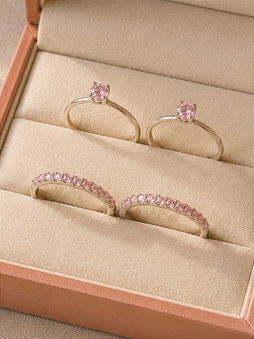 Par de aliança Nobre + Solitarios encanto rosa - Prata 950