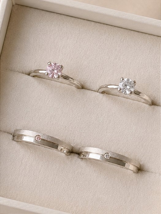 Par de Aliança Alice + Solitários encanto Rosa e Cristal - Prata 950