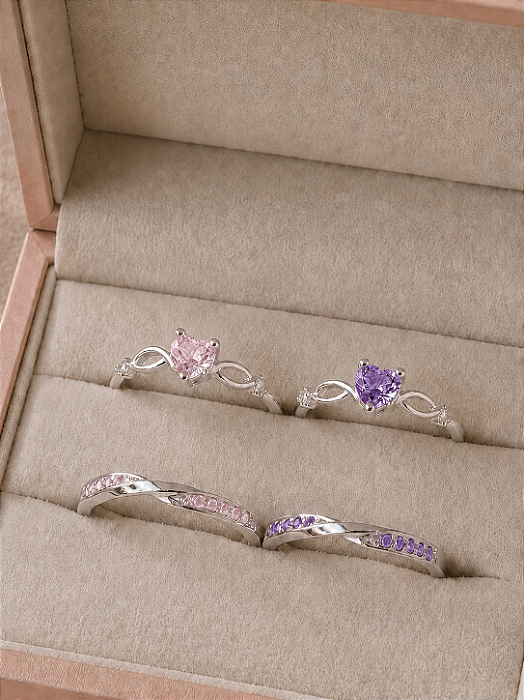 Par de aliança Florian com pedras + Solitários Love Rosa e Roxo - Prata 950
