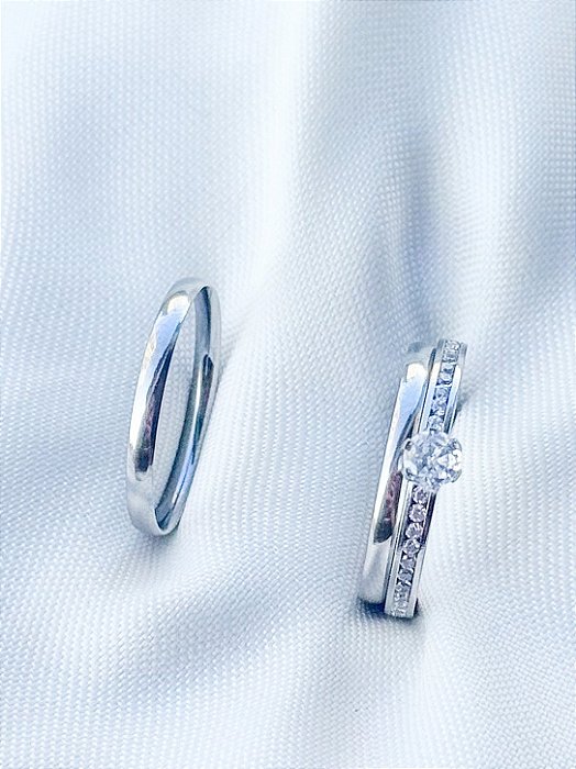 Par de Aliança Julieta 2mm + Solitário Romance - Aço Inox