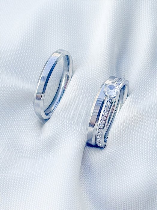 Par de Aliança Chanfrada 3mm + Solitario Romance - Aço Inox