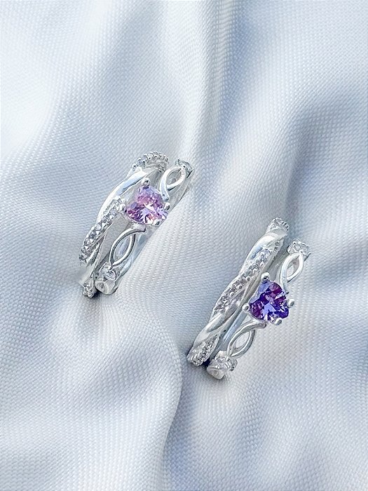 Par de Aliança Mônaco ELAS + Solitários love rosa e roxo - Prata 950