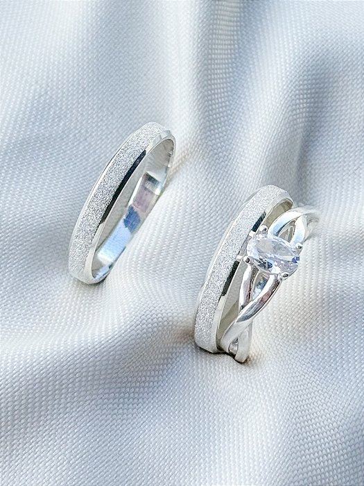 Par de aliança Diamantada 3mm + Solitário Royalty - Prata 950