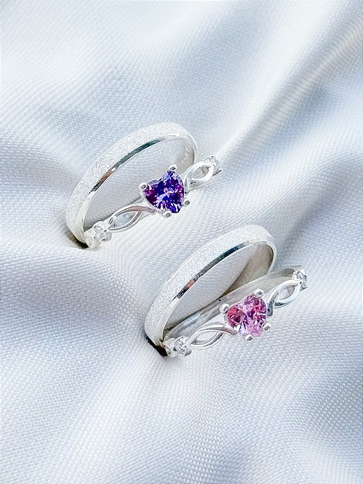Par de aliança Diamantada + Solitários Love Rosa e Roxo - Prata 950
