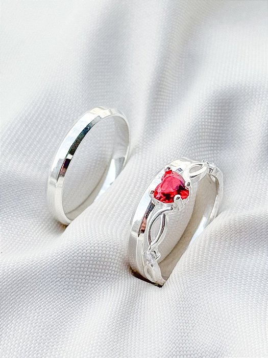 Par de Aliança Chanfrada + Solitário Love Vermelho - Prata 950