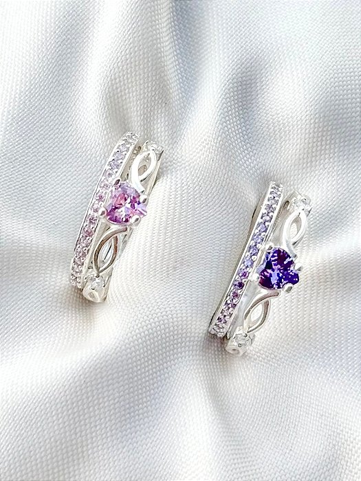 Par de Aliança bella rosa e roxo + Solitários Love - Prata 950