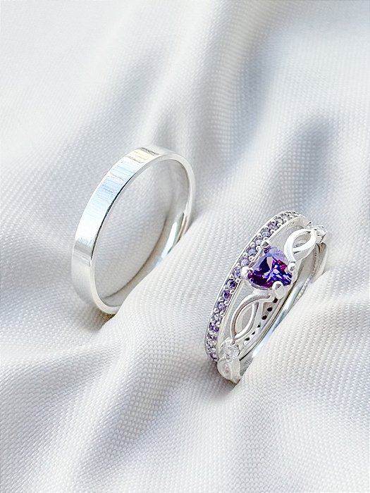 Par de alianças Polônia com pedra roxa + Solitário love roxo - Prata 950