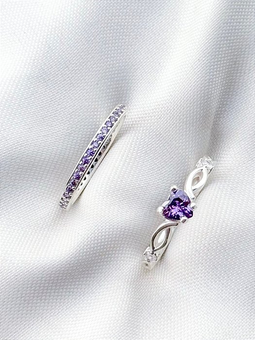 Anel aliança bella roxa + Solitário love roxo - Prata 950