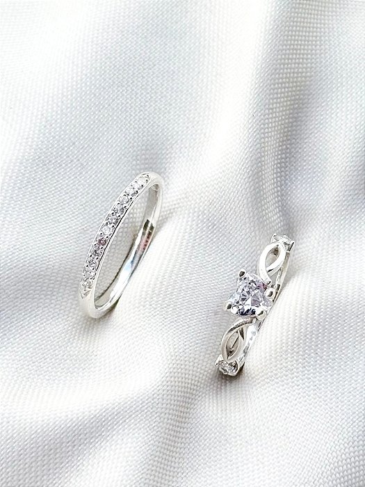 Anel aliança Polônia cristal + Solitário love cristal - Prata 950