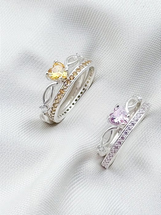 Par de Aliança bella rosa e amarelo + Solitários Love - Prata 950