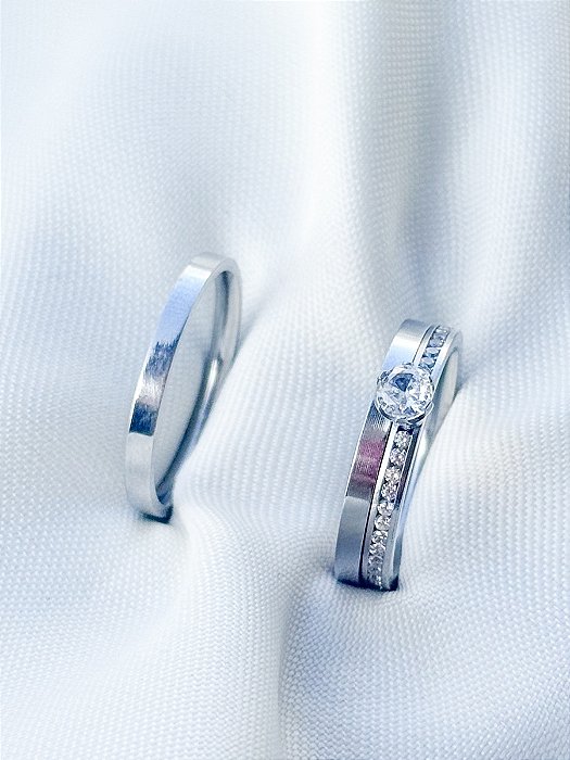 Par de Aliança Holanda 2mm + Solitário romance - Aço Inox