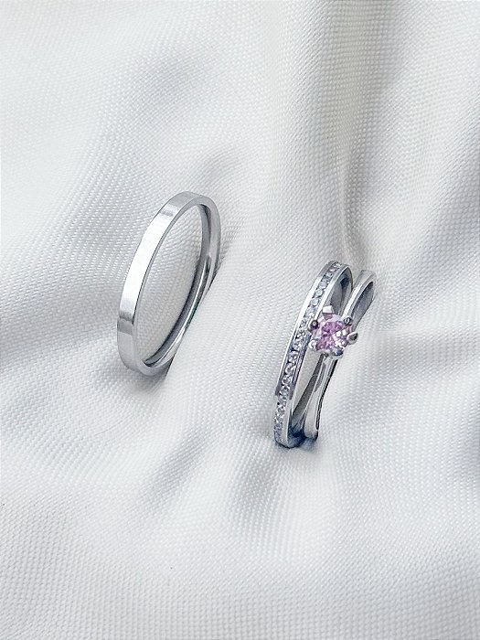 Par de Aliança Paris com pedra + Solitário Rosa - Aço Inox