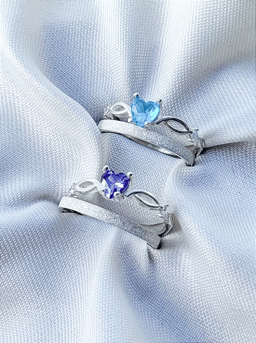 Par de Aliança Diamantada 2mm + Solitário Love Azul e Roxo - Prata 950