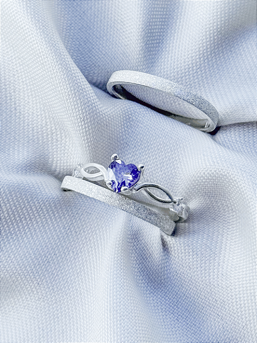 Par de Aliança Diamantada 2mm + Solitário Love Roxo - Prata 950
