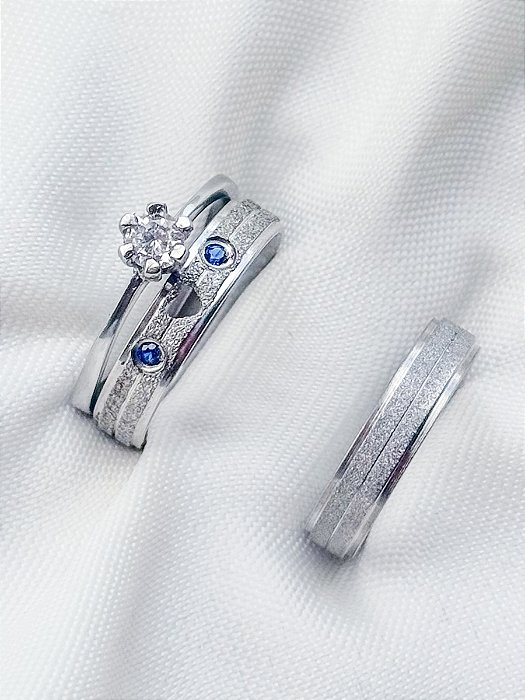 Par de aliança Diamantada com pedras + Solitário cristal - Aço Inox