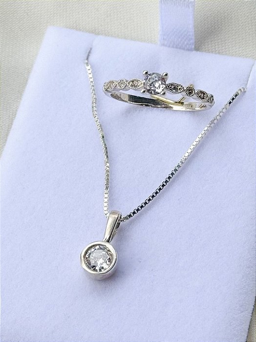 Conjunto Colar ponto de luz + Solitário cristal - Prata 950/925