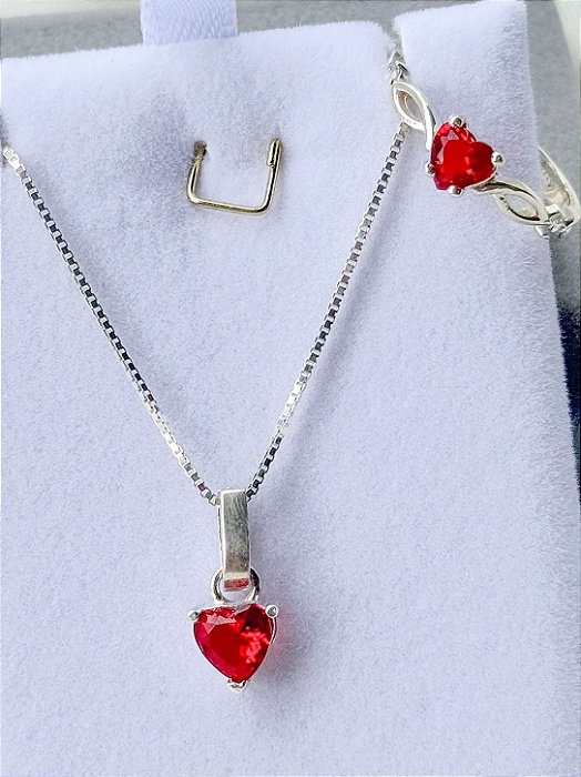 Conjunto Colar + Solitário Love vermelho - Prata 950/925