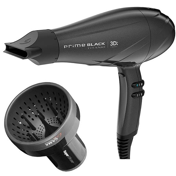 KIT GAMA 127V - SECADOR PROF. PRIME BLACK TITANIO 3D ULTRA ION 2300W + DIFUSOR DE AR UNIVERSAL