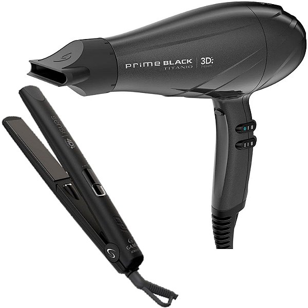 KIT GAMA - SECADOR PRIME BLACK TITANIO 3D ULTRA ION 2300W 127V + PRANCHA SENSI 4D IHT NIGHT 230ºC