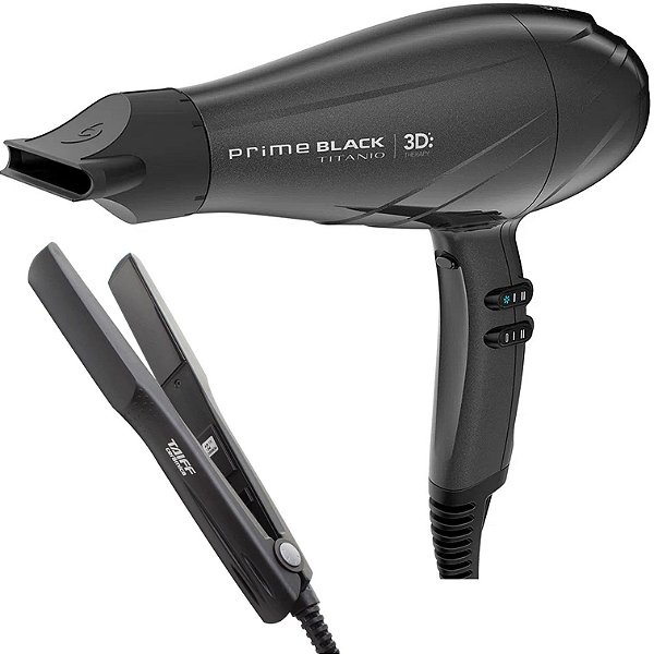 KIT - SECADOR GAMA PRIME BLACK TITANIO 3D ULTRA ION 2300W 127V + PRANCHA TAIFF CERAMIC 180ºC