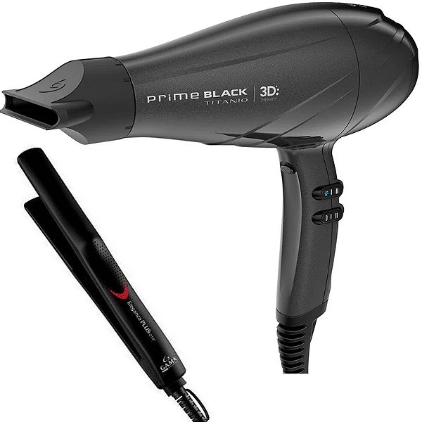 KIT GAMA - SECADOR PRIME BLACK TITANIO 3D ULTRA ION 2300W 127V + PRANCHA ELEGANZA PLUS 210ºC