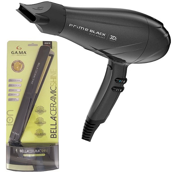 KIT GAMA - SECADOR PRIME BLACK TITANIO 3D ULTRA ION 2300W 127V + PRANCHA BELLA SHINE BLISTER 230ºC
