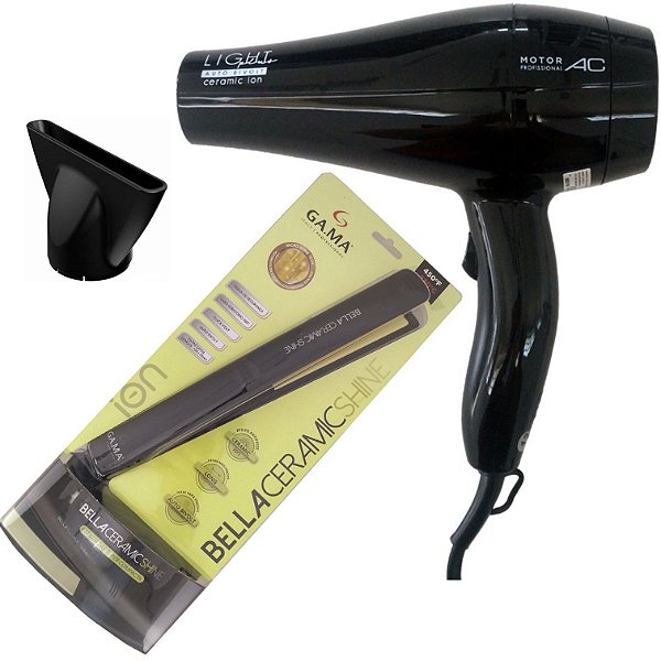 KIT GAMA BIVOLT - SECADOR LIGHT PLUS CERAMIC ION 2000W + PRANCHA BELLA CERAMIC SHINE BLISTER 230ºC