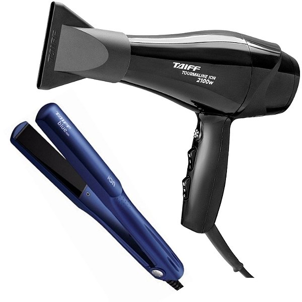 KIT TAIFF - SECADOR PROFISSIONAL NEW TOURMALINE ION 2100W 127V - PRANCHA BLUE ION 200ºC
