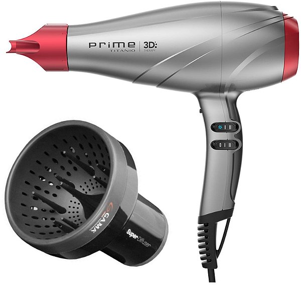 KIT GAMA - SECADOR PROFISSIONAL PRIME TITANIO 3D ULTRA ION 2300W 127V + DIFUSOR DE AR UNIVERSAL