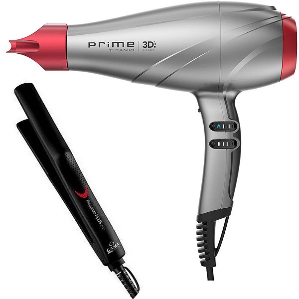 KIT GAMA - SECADOR PROFISSIONAL PRIME TITANIO 3D ULTRA ION 2300W 127V + PRANCHA ELEGANZA PLUS 210ºC