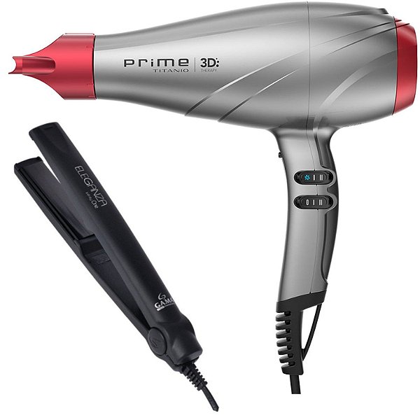 KIT GAMA - SECADOR PROF. PRIME TITANIO 3D ULTRA ION 2300W 127V + PRANCHA ELEGANZA INFINITY ONE 220ºC