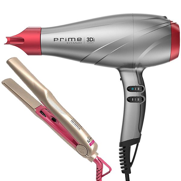 KIT GAMA - SECADOR PROF. PRIME TITANIO 3D ULTRA ION 2300W 127V + PRANCHA LUMINA DUO TOURMALINE 220ºC