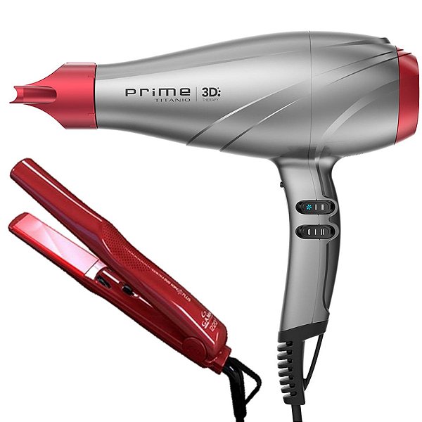KIT GAMA - SECADOR PROF. PRIME TITANIO 3D ULTRA ION 2300W 127V + PRANCHA LUMINA DUO ION PLUS 220ºC