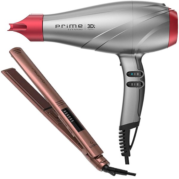 KIT GAMA - SECADOR PRIME TITANIO 3D ULTRA ION 2300W 127V + PRANCHA ELEGANCE LED MARULA 230ºC