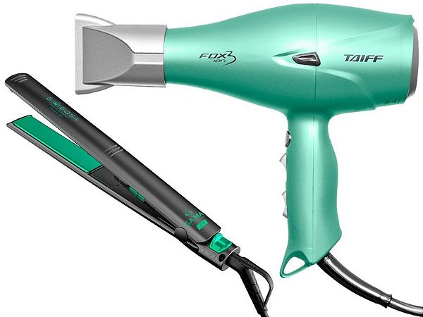 KIT - SECADOR TAIFF FOX ION 3 SOFT GREEN 2200W 220V + PRANCHA GAMA ELEGANCE BABOSA CERAMIC 220°C
