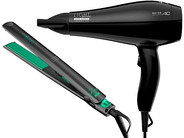 KIT GAMA BIVOLT - SECADOR LIGHT PLUS CERAMIC ION 2000W + PRANCHA ELEGANCE BABOSA CERAMIC 220°C