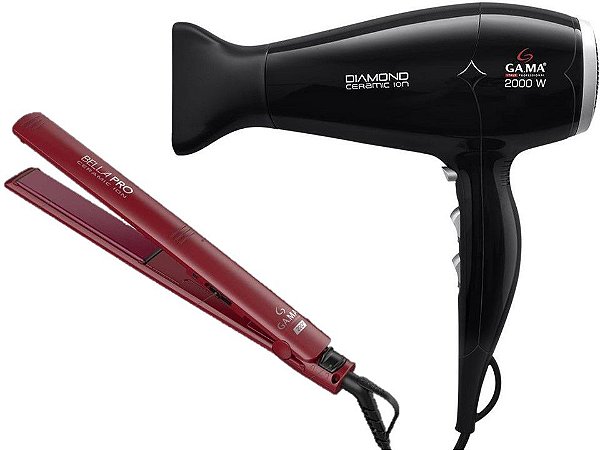 KIT GAMA - SECADOR DIAMOND CERAMIC ION 2000W 127V + PRANCHA ELEGANCE BELLA PRO CERAMIC 220°C