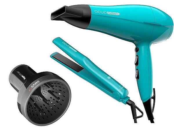 KIT GAMA - SECADOR AQUA THERAPY HIDRO SHIELD 2000W 220V + PRANCHA CERAMIC ION 210ºC + DIFUSOR DE AR